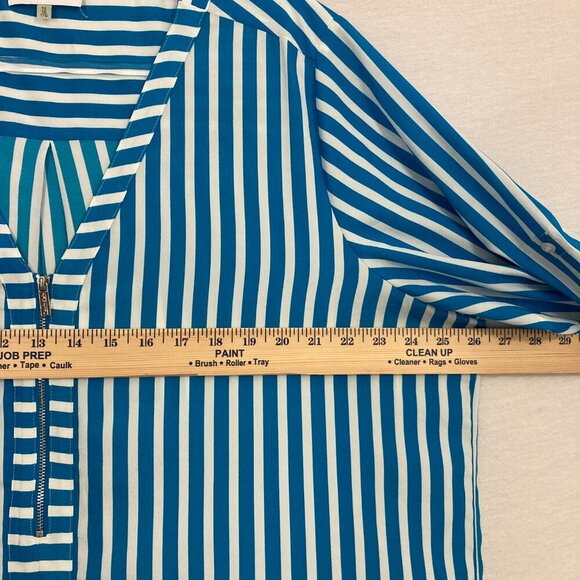 Calvin Klein Blue White Striped Quarter Zip V Neck Popover Blouse 1X Office - Picture 6 of 10